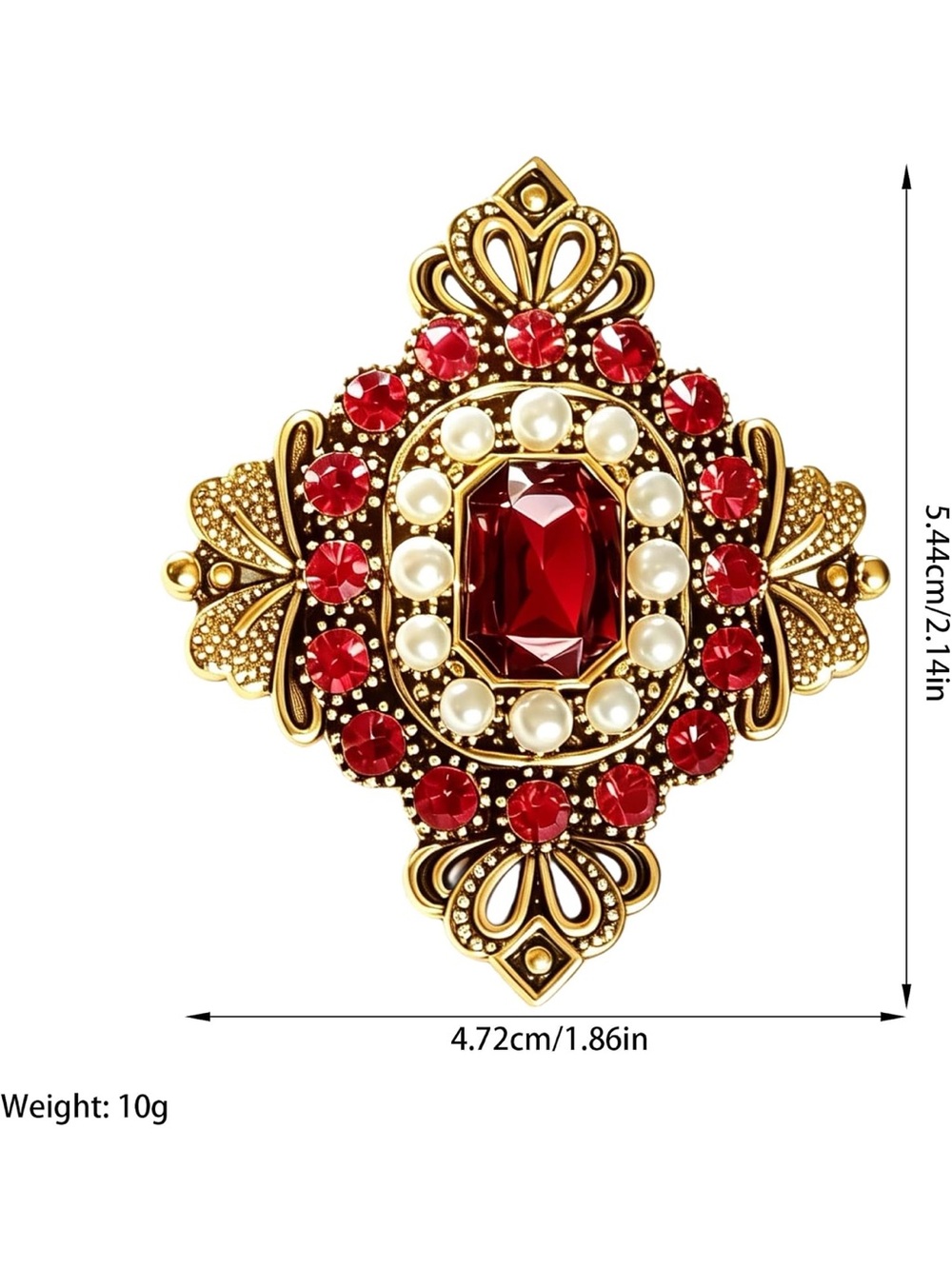 Anthropologie Gold-Tone Brooch with Red Crystals and Pearl Accents - Picture 2 of 5